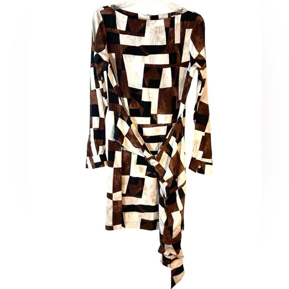 Worth petite ladies dress brown black off white sheath faux wrap silk career - Picture 13 of 13